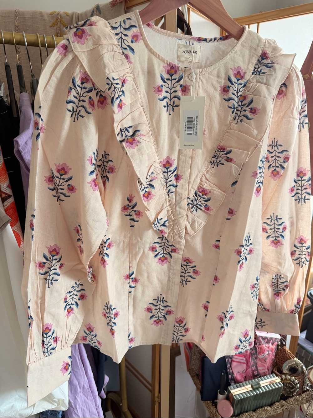 NWT Sonmer Sarah Blouse Sand Floral Print Ruffle Long Sleeve Cotton Blend - Picture 3 of 10